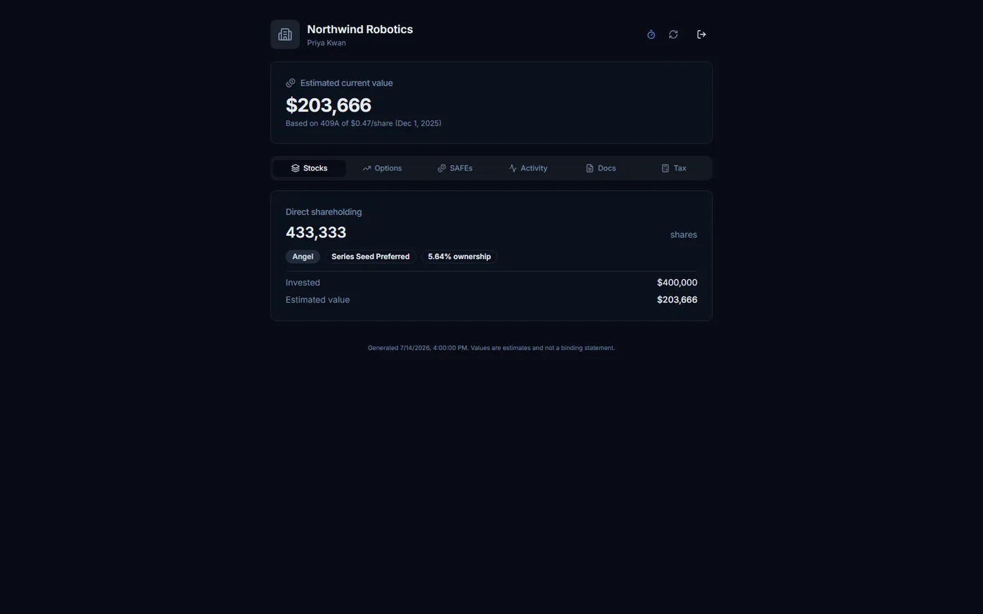 Investor portal holdings view with shares and documents
