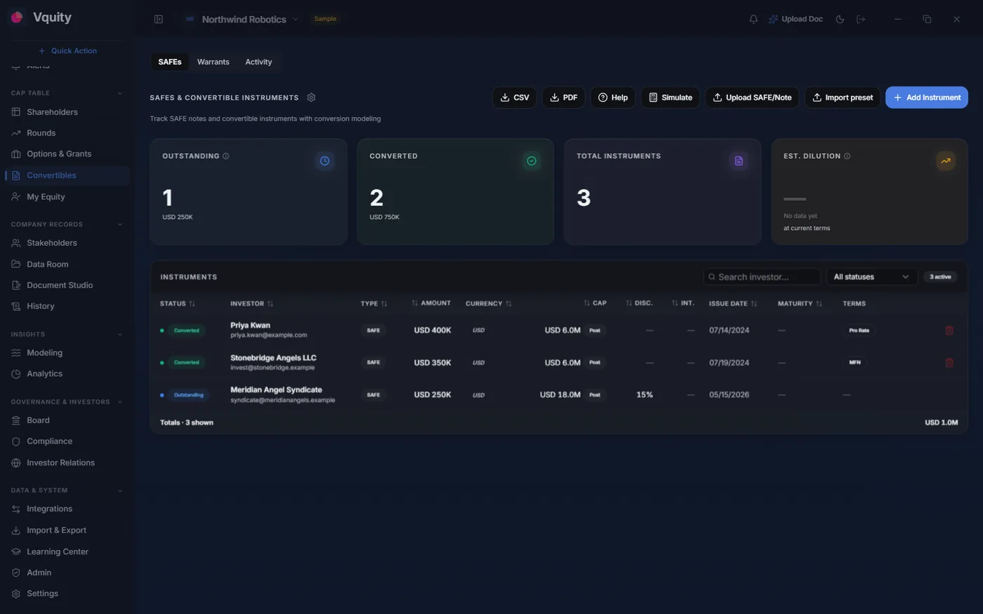 Convertible instruments view showing SAFEs and convertible loans with caps and discounts