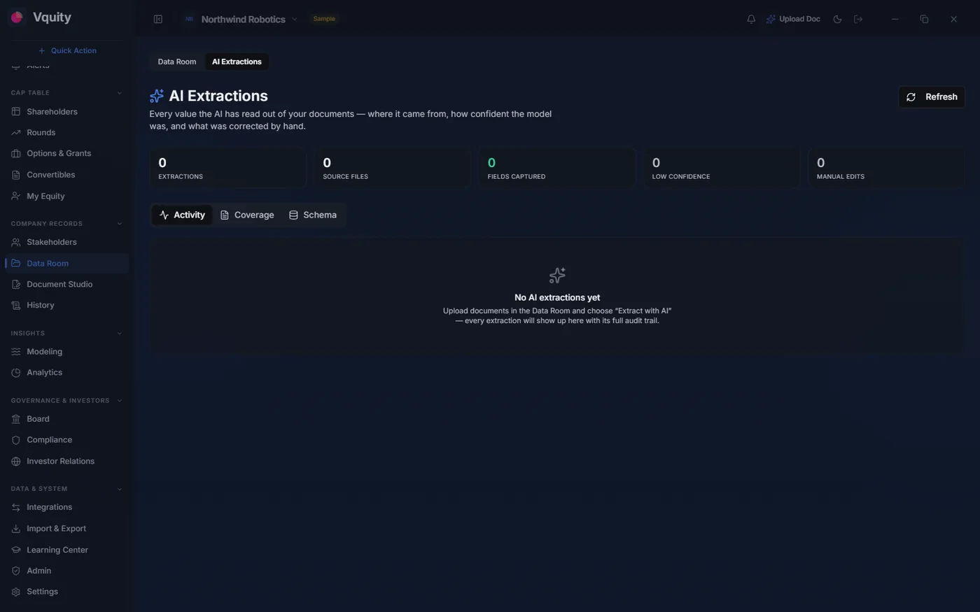 AI extraction view with editable extracted fields and audit trail